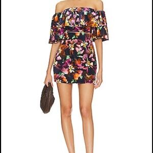 Misa Los Angeles Blue and Purple Ruffled Off-Shoulder Midi Dress